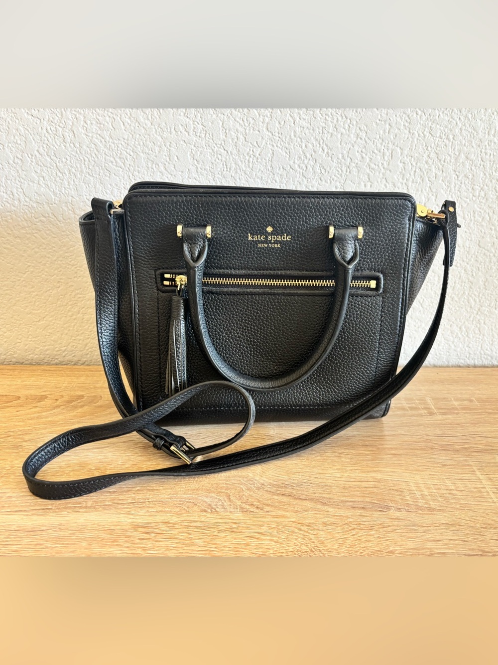 kate spade Black Pebbled Leather Satchel with Tassel